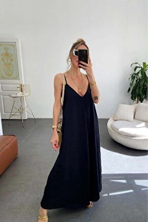 Kadın Ip Askılı V Yakalı Uzun Aerobin Elbise