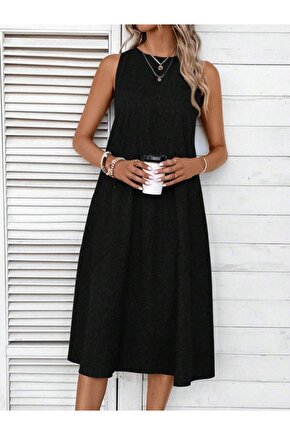 eyesof Kadın Kolsuz Bisiklet Yaka Cepli Midi Keten Elbise