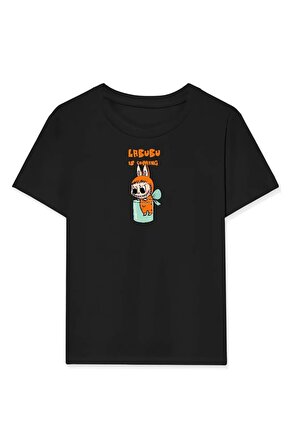Kız Labubu Çocuk Baskılı T-Shirt - Siyah