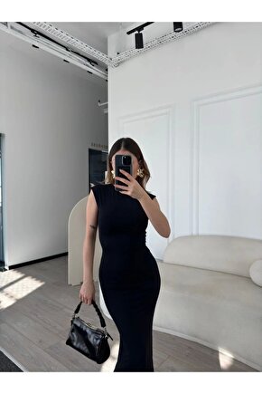 Kolsuz Uzun Likralı Elbise - Siyah