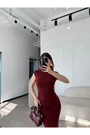 Kolsuz Uzun Likralı Elbise - Bordo