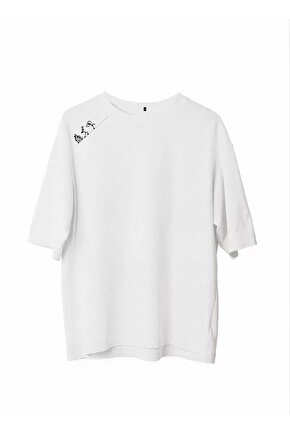 Unisex Bisiklet Yaka Baskılı Oversize T-Shirt - Beyaz