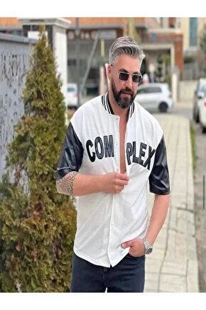 eyesof Erkek Complex Kolları Deri Kolej Oversize T-Shirt - Beyaz