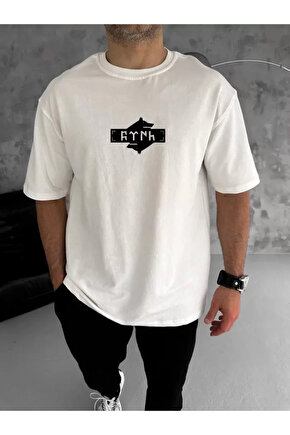 eyesof Unisex Bisiklet Yaka Baskılı Double Oversize T-Shirt - Beyaz