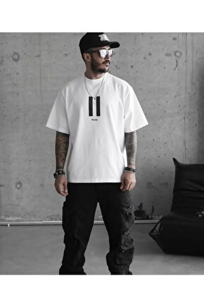 Unisex Bisiklet Yaka Baskılı Oversize T-Shirt - Beyaz