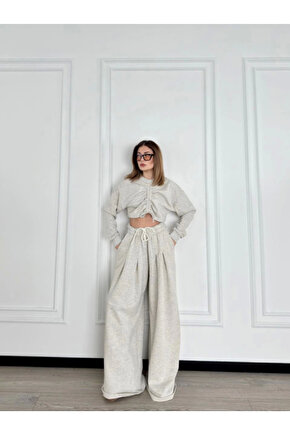 eyesof Uzun Kollu Önü İp Büzgülü Crop Ve Pantolon İkili Takım - Gri