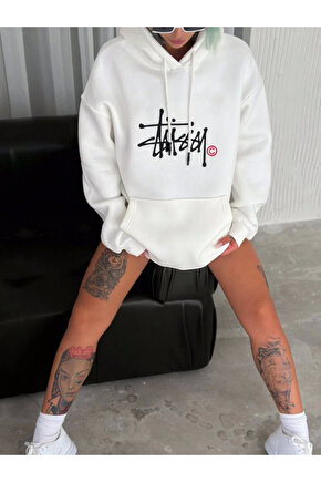 Üç İplik Kapşonlu Baskılı SweatShirt - Beyaz