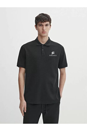 Yakası Düğmeli Yakalı Pike Baskılı T-Shirt - Beyaz