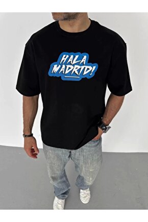 Unisex Bisiklet Yaka Baskılı Oversize T-Shirt - Siyah