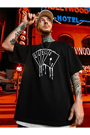 JANES Erkek Büyük Beden Kart Baskılı Düz Renk Kısa Kollu Bisiklet Yaka Tişört Gündelik Giyim - Siyah