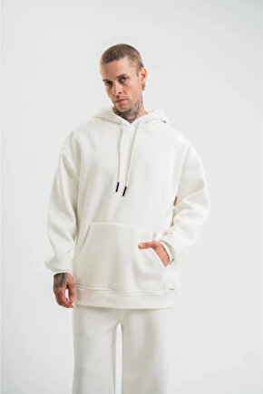 eyesof Unisex Double Oversize Kapşonlu Basic SweatShirt - Beyaz