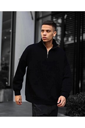 Erkek Yarım Fermuarlı Üç İplik Sweatshirt - Siyah