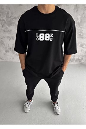 Unisex Bisiklet Yaka Baskılı Oversize T-Shirt - Siyah