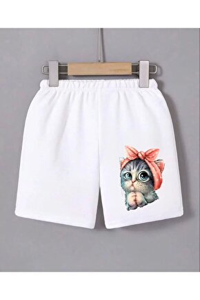 Kadın Beli Lastikli Baskılı Mini Şort - Beyaz