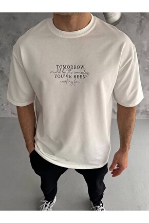 Unisex Bisiklet Yaka Baskılı Oversize T-Shirt - Beyaz