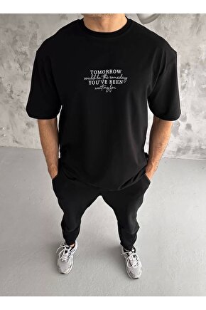 Unisex Bisiklet Yaka Baskılı Oversize T-Shirt - Siyah