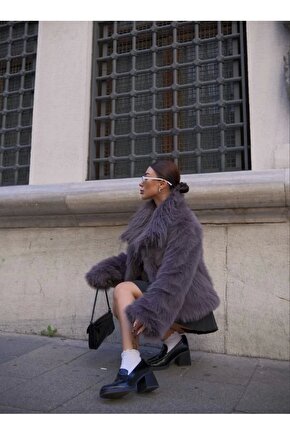 Salaş Sakallı Yumuşak Dokulu Yakalı Cepli Suni Kürk - füme