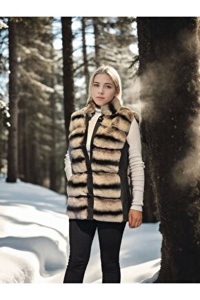 Kadın Kolsuz Hakiki Deri Kürk - Siyah