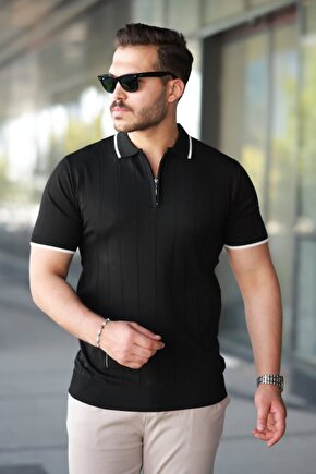 eyesof Erkek Fermuar Yakalı çizgi Dokulu Kısa Kollu Tişört