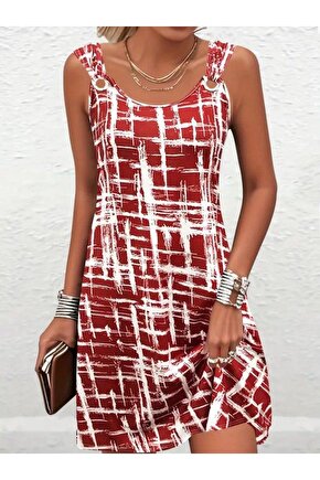 Kadın Askılı Kuş Gözü Detaylı Desenli Süprem Elbise