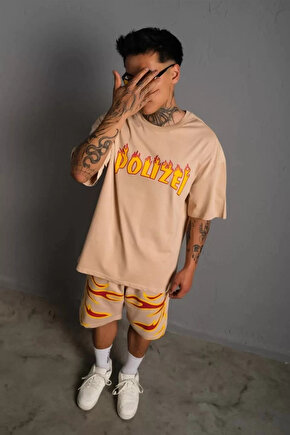 Erkek Alev Baskılı İkili Şortlu Takım - Bej