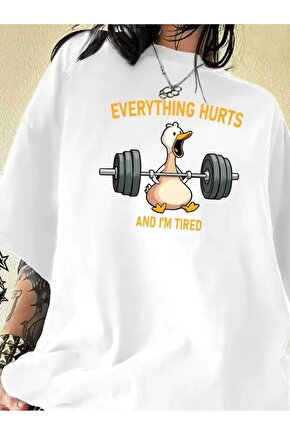 Ördek Baskılı ve Yuvarlak Yakalı Kadın Günlük Büyük Boy Siyah Tişört. - Beyaz