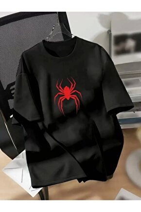 201 Penye Compack Spider Baskılı Oversize Unisex Kısa Kol Yazlık T-shirt - Siyah