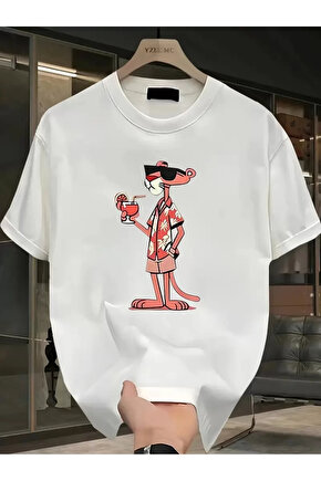 Pembe Panter Baskılı Erkek Oversize Günlük Kısa Kollu Tişört İlkbahar ve Yaz için Mükemmeldir - Beya