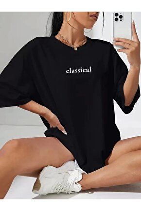 Velmora 201 Penye Compack Classical Baskılı Siyah Oversize Tişort - Siyah -