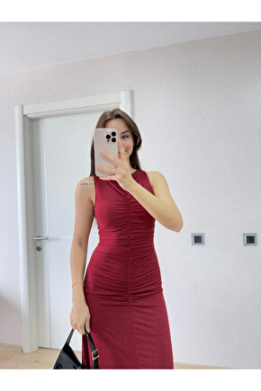 Kolsuz Büzgülü Uzun Elbise - Kırmızı
