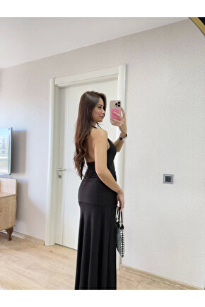 Sırt Dekolteli Uzun Kollu Elbise - Siyah