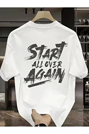 201 Penye Compack Start All Over Baskılı Oversize Bisiklet Yaka Kısa Kol Yazlık T-shirt - Beyaz