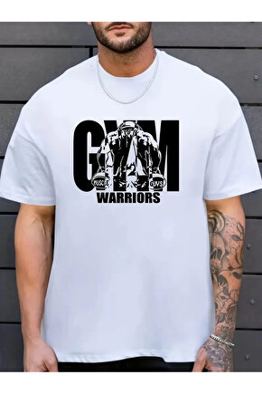 Sporda Günlük Hayata Giyilebilir GYM Baskılı Oversize Bisiklet Yaka Erkek T-shirt - Beyaz