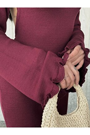 Acık Sırt Detaylı Maxi Uzun Boy Elbise- Bordo