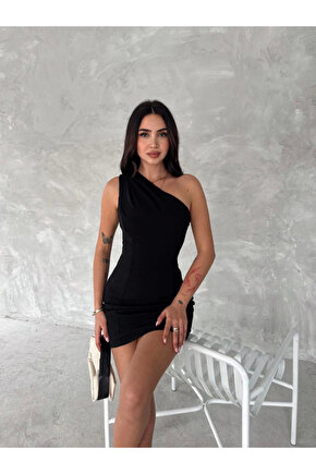 Tek Omuzlu Kolsuz Mini Boy Elbise - Siyah