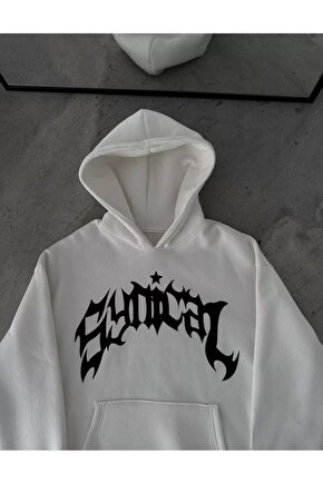 Üç İplik Kapüşonlu Baskılı Oversize SweatShirt- Beyaz