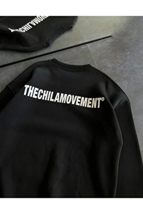 Turega Style Kışlık Bisiklet Yaka Oversize Baskılı SweatShirt - Siyah