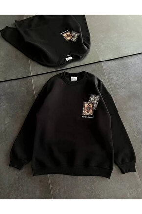 Kadın Bisiklet Yaka Baskılı SweatShirt - Siyah