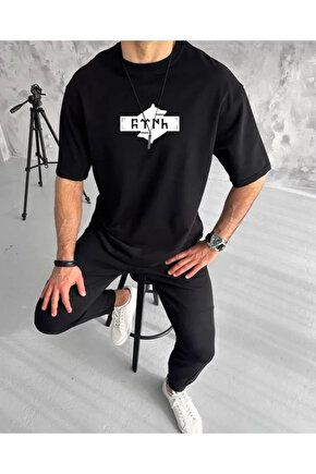 eyesof Unisex Bisiklet Yaka Baskılı Double Oversize T-Shirt - Siyah