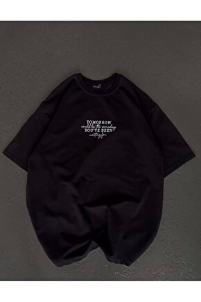 Unisex Bisiklet Yaka Baskılı Oversize T-Shirt - Siyah