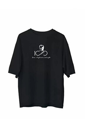 Unisex Bisiklet Yaka Baskılı Oversize T-Shirt - Siyah