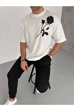 Unisex Bisiklet Yaka Baskılı Oversize T-Shirt - Beyaz