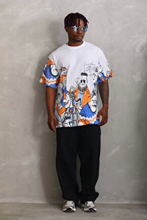 Unisex Oversize Baskılı Bisiklet Yaka T-Shirt - Beyaz