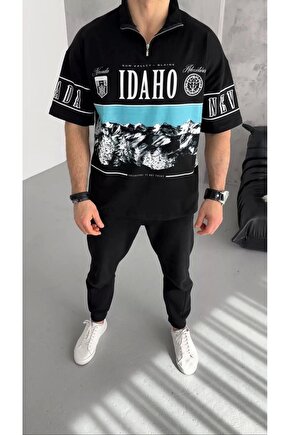 Unisex Baskılı Yarım Fermuarlı T-Shirt - Siyah