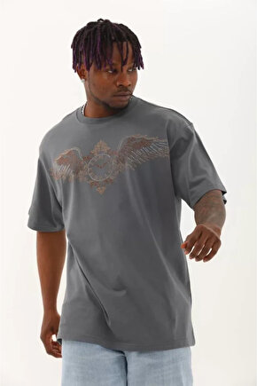 eyesof Unisex Oversize Taşlı Bisiklet Yaka T-Shirt - Füme