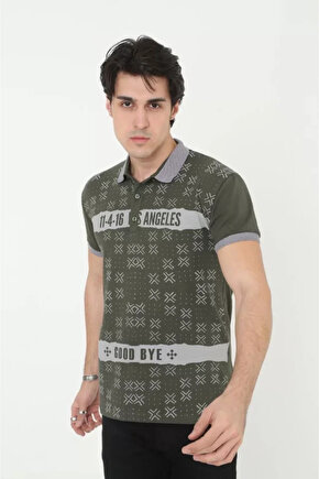 eyesof Erkek Yakalı Slim Fit Baskılı T-Shirt - Haki