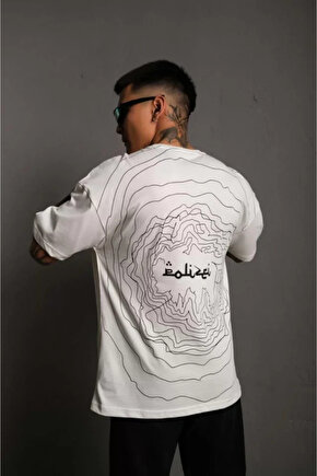 eyesof Erkek Bisiklet Yakalı Sırt Baskılı Oversize T-Shirt - Beyaz