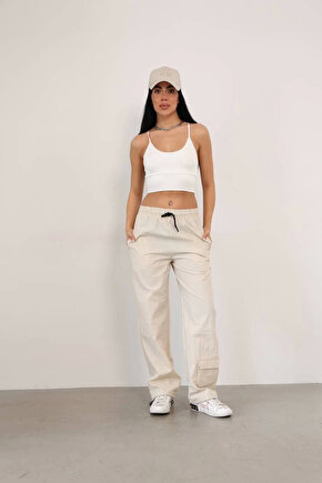 Paraşüt Kumaş Kargo Ceplı Baggy Eşofman- Bej -VLMR