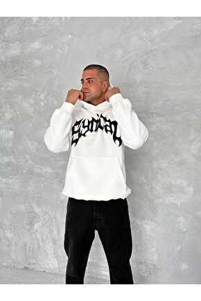 Unisex Üç İplik Kapüşonlu Baskılı SweatShirt - Beyaz