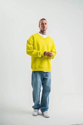 eyesof Geniş V Yaka Kol Ribana Detaylı SweatShirt - Sarı